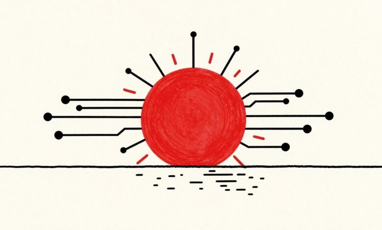 Ilustración generada con IA: sol rojo cuyos rayos se convierten en líneas de circuito y nodos conectados