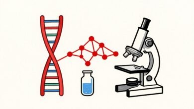 Ilustración generada con IA: hélice de ADN conectada a una red de nodos, con un microscopio y un frasco de laboratorio