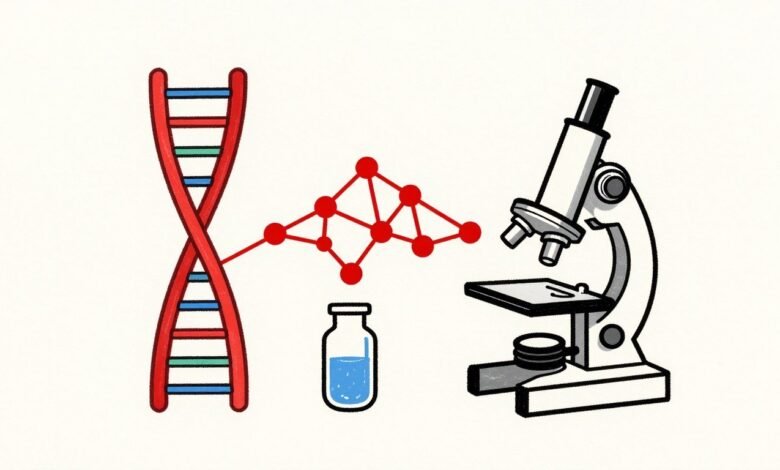 Ilustración generada con IA: hélice de ADN conectada a una red de nodos, con un microscopio y un frasco de laboratorio
