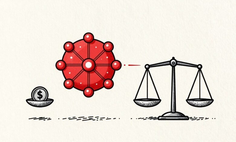 Ilustración generada con IA: núcleo de red neuronal, una balanza y una moneda que aluden a precio y rendimiento