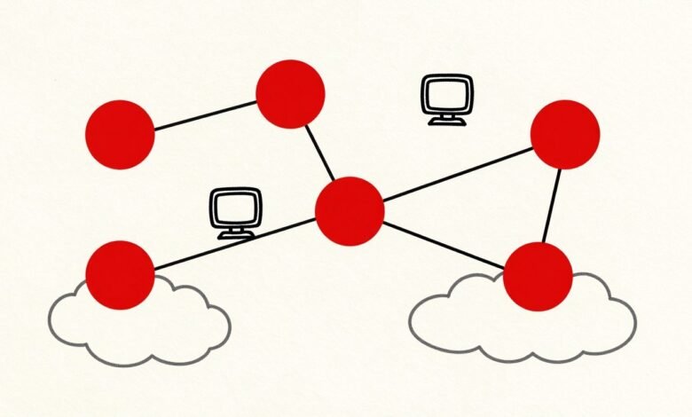 Ilustración generada con IA: nodos rojos conectados en una red, con nubes y pequeños monitores, que aluden a agentes en la nube