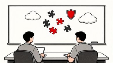Ilustración generada con IA: pizarra con nubes, piezas de rompecabezas y un escudo frente a dos asistentes de una conferencia