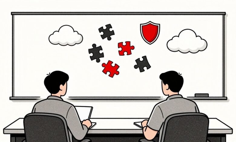 Ilustración generada con IA: pizarra con nubes, piezas de rompecabezas y un escudo frente a dos asistentes de una conferencia